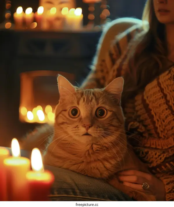 Cat is sitting on woman's lap near fireplace with candles