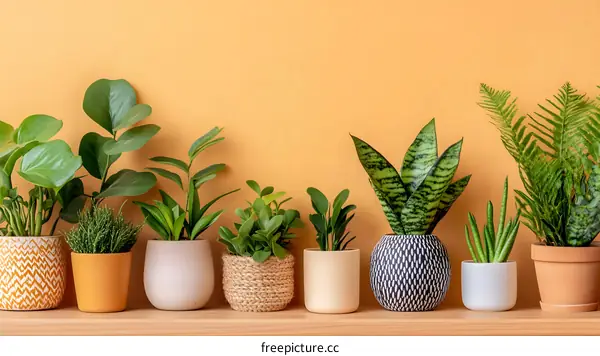 Indoor Plants on a Wooden Shelf with Yellow Background