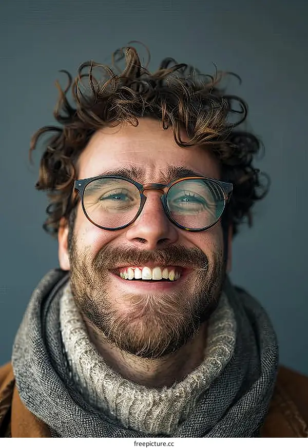 Happy Man with Curly Hair and Glasses