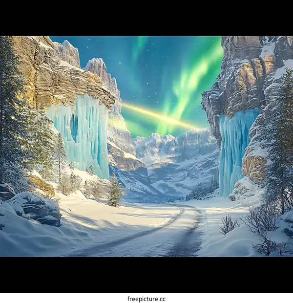 Snowy Mountain Pass with Aurora Borealis