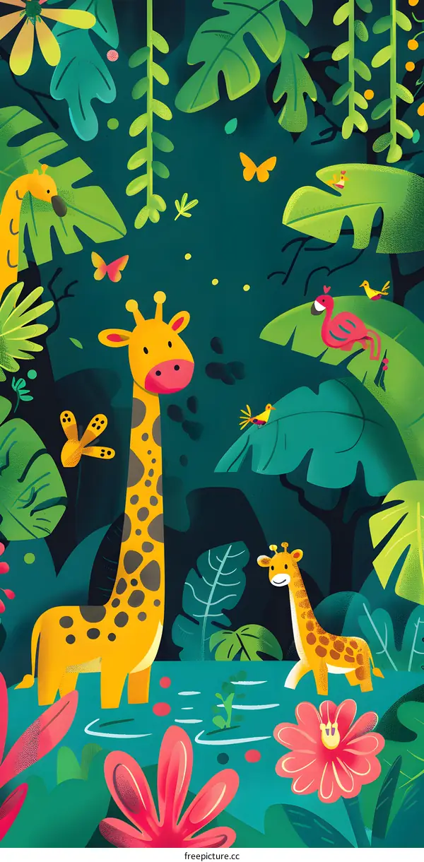 Jungle Animals Illustration with Giraffes and Birds