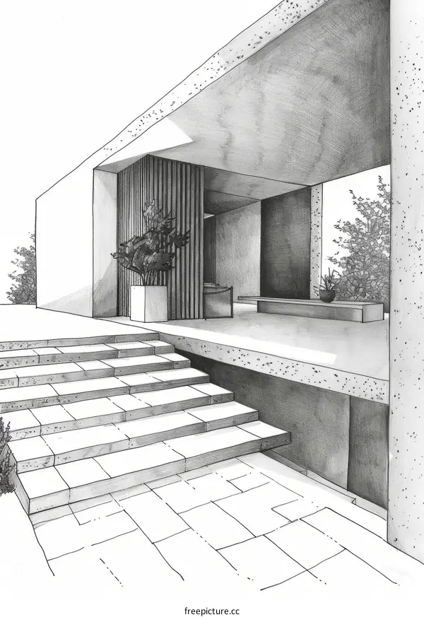 Black and white sketch of a modern house