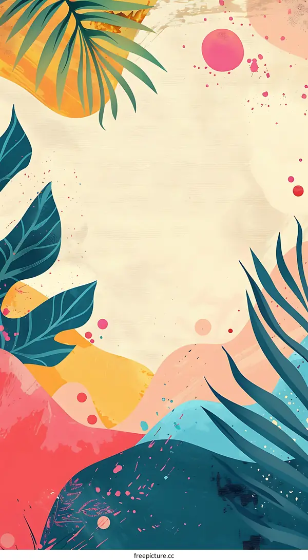 Tropical Abstract Illustration With Colorful Shapes and Leaves