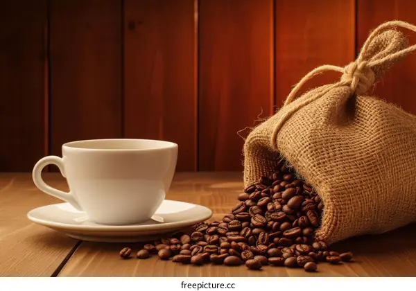 Coffee Beans in a Burlap Sack with a White Coffee Cup on a Wooden Table