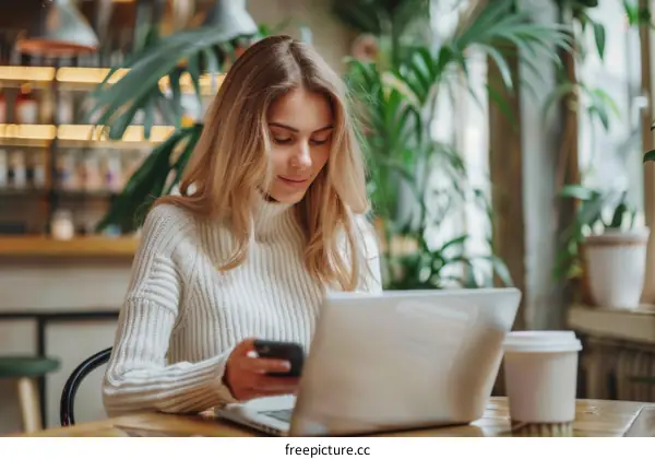 Young blonde woman using laptop and mobile phone in cafe