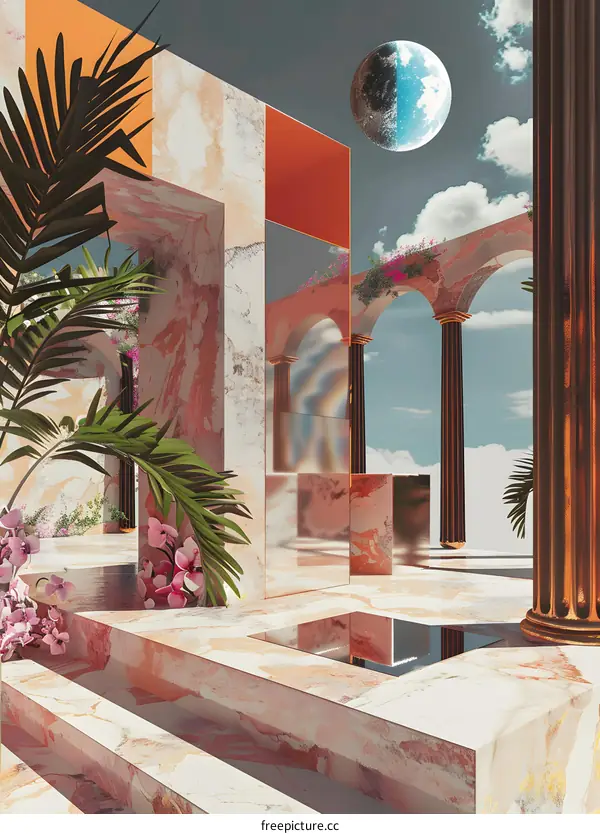 Dreamlike Abstract Architecture With Pink Flowers And Marble