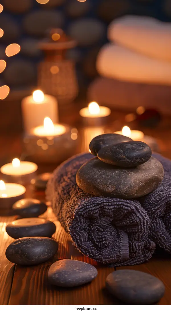 Spa stones and towel on wooden background with blurred lights