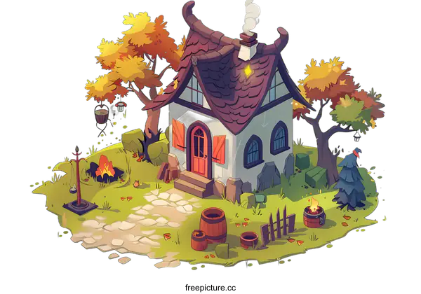 [Transparent Background PNG]Cute Cartoon House With Trees And Fire
