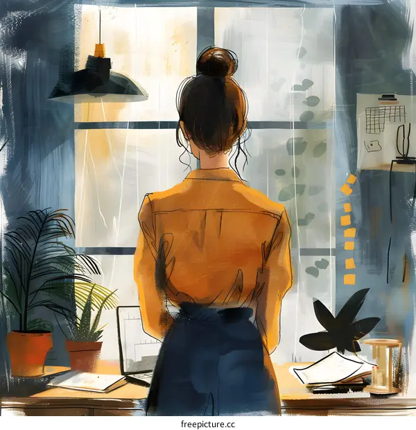 A woman standing in front of a window looking out at the rain