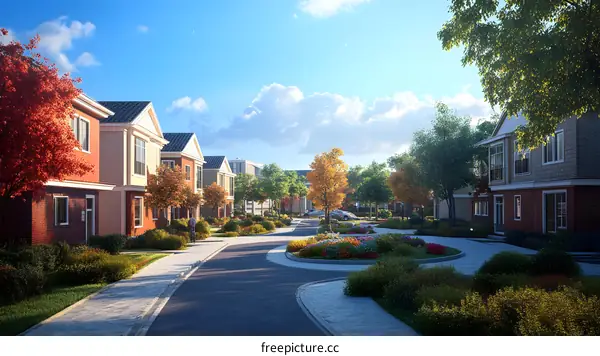 Residential Neighborhood Street with Trees and Flowers