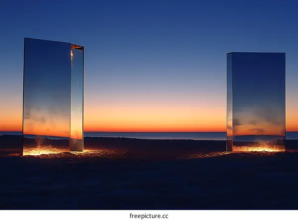 Two Glass Mirrors Reflecting Sunset Over the Ocean