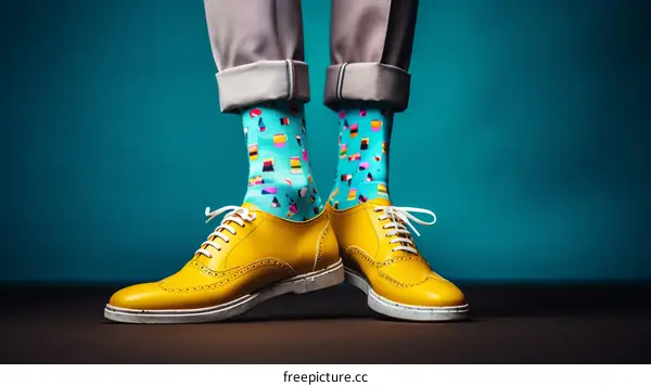 A person wearing colorful socks and yellow shoes
