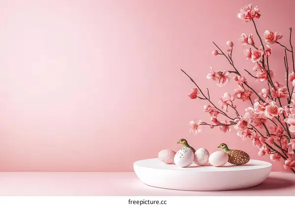 Pink Easter Scene with Cherry Blossoms and Eggs