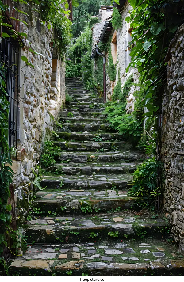 Stone Steps Leading Up To A Stone Building With Greenery