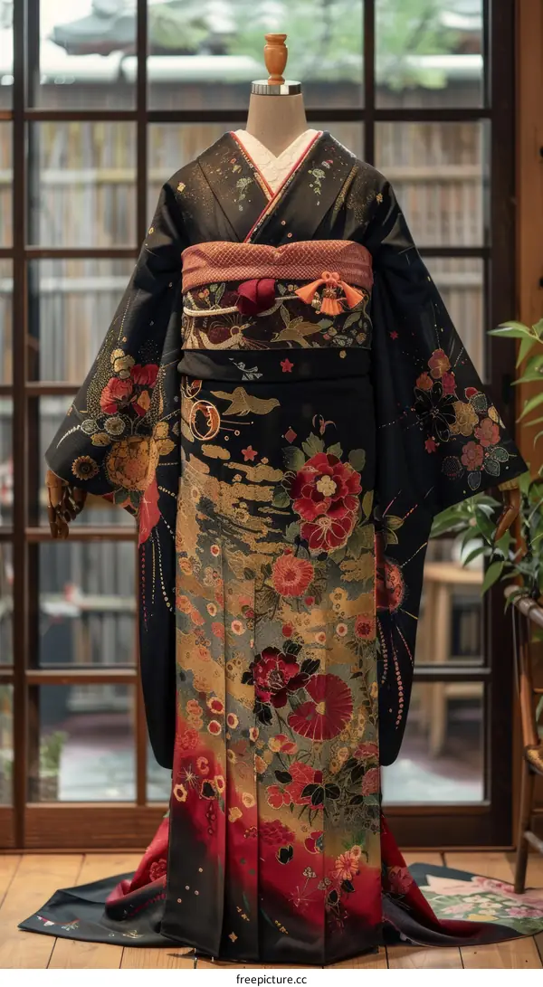 A kimono with a floral pattern and a red obi.