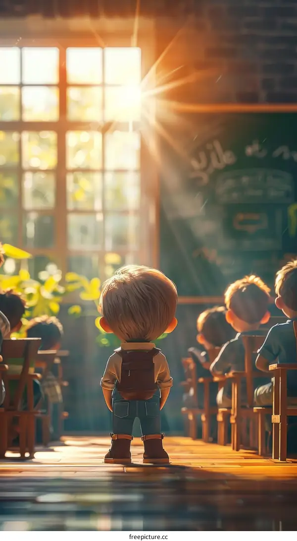 Little boy standing in a classroom looking at the blackboard