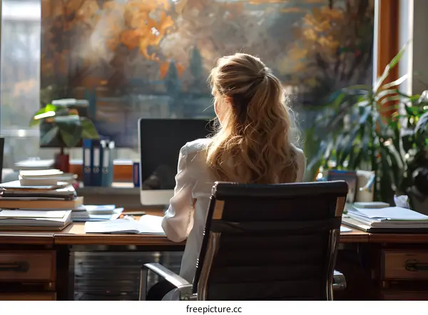 Back View Woman Working At Desk Computer