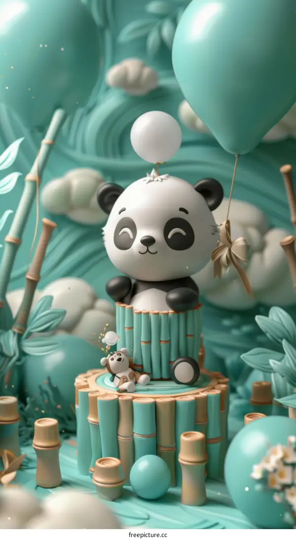 cute cartoon panda with balloons in a bamboo forest