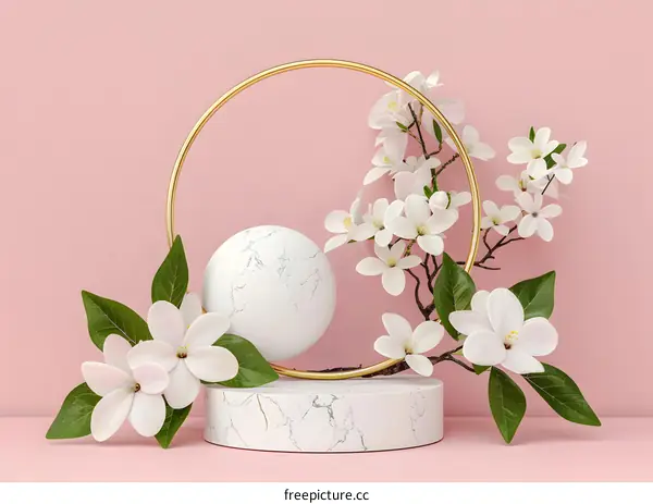 Minimalist White Marble Sphere and Golden Circle With Flower Branch on Pink Background
