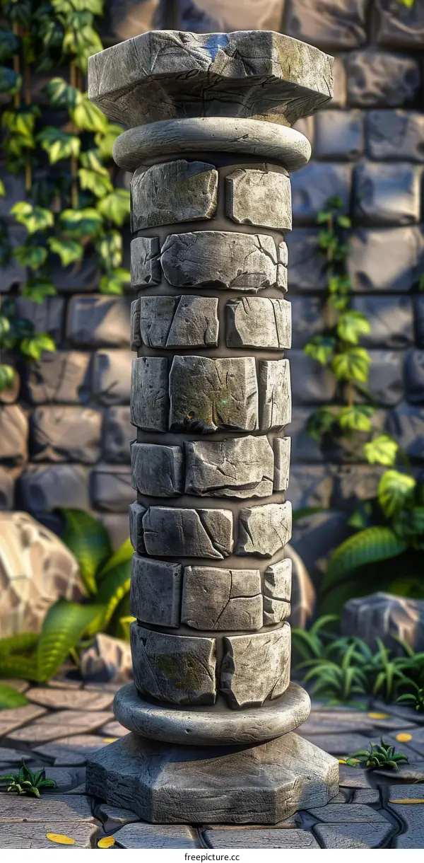 Ancient Stone Pillar with Green Moss and Ivy Growing on It