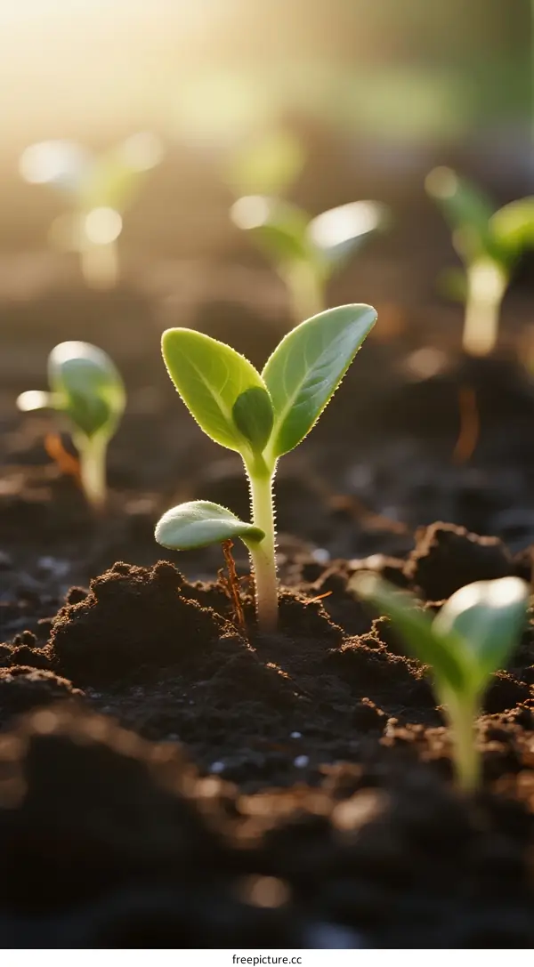 Young green seedlings growing in dark soil under morning sunlight