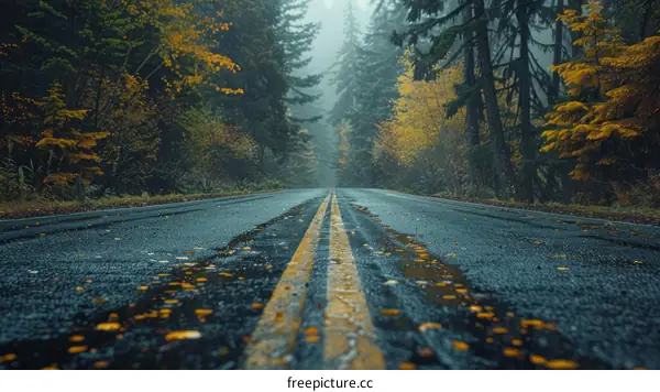 Road through the forest with yellow line in the middle