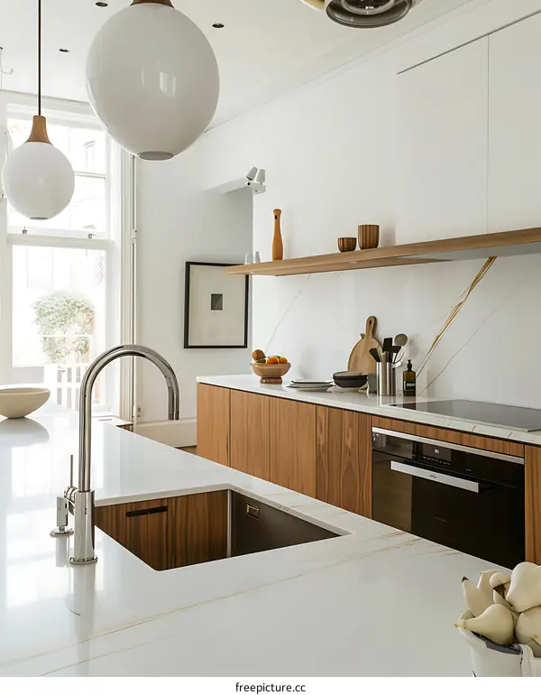 Modern Kitchen With White Countertop And Wooden Cabinets