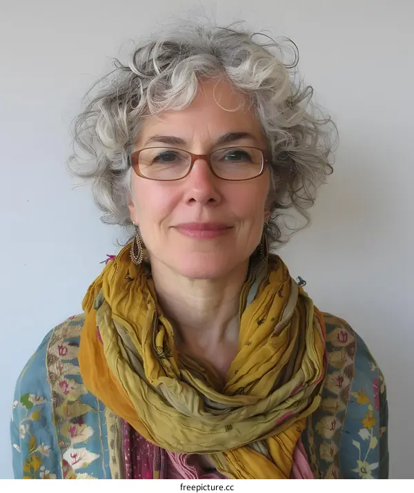 A headshot of a woman with curly gray hair and glasses