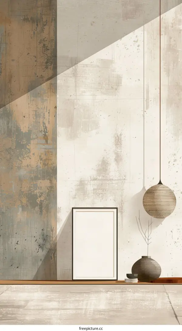 Minimalist interior design with blank picture frame, flower vase and lamp