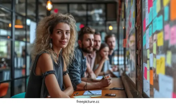 Confident businesswoman with her team in the background