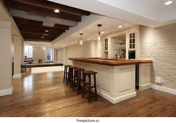 Basement Bar with Exposed Beams and Brick Wall