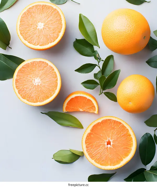 Fresh Orange Fruit Slices with Green Leaves on a Grey Background