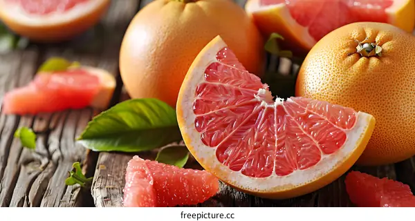 Fresh Ripe Grapefruit Slices on Wooden Table