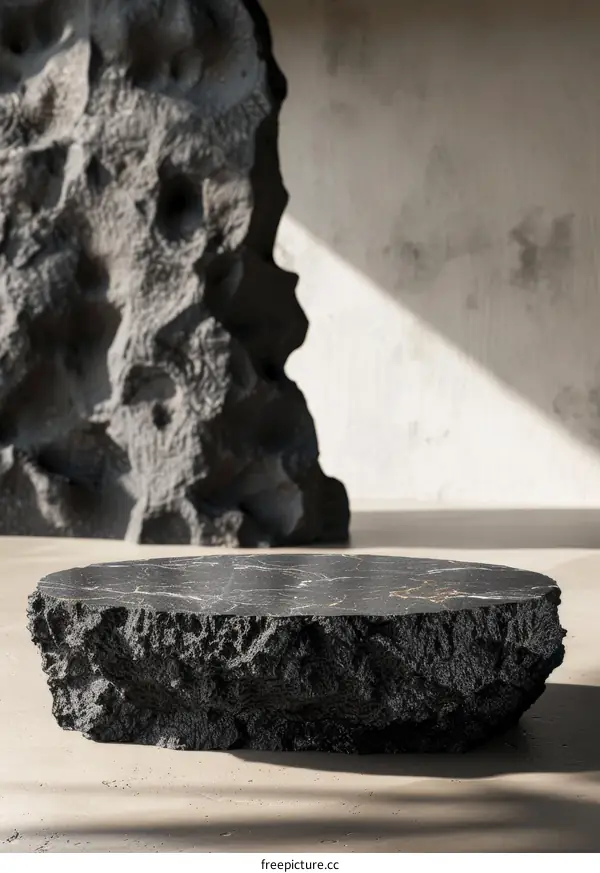 Black marble podium with sunlight and shadows on the background