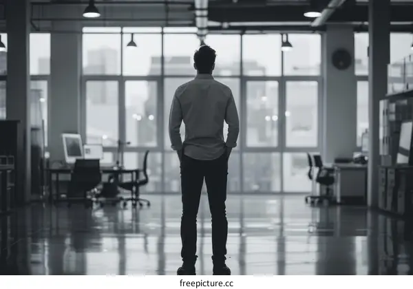 Businessman looking out the office window thinking about the future of his company