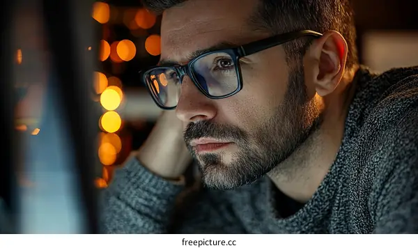 Focused Man Working Late at Night on Computer