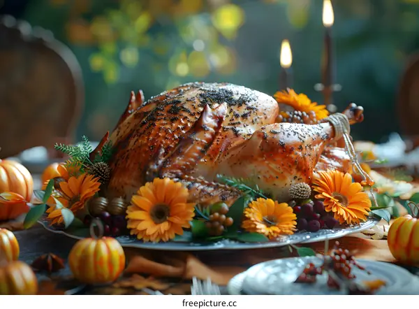 Thanksgiving dinner table with roasted turkey, pumpkins, and flowers