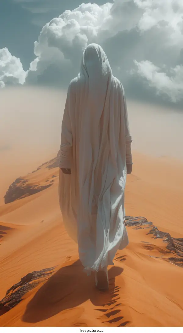A figure in a white robe walks through a desert landscape