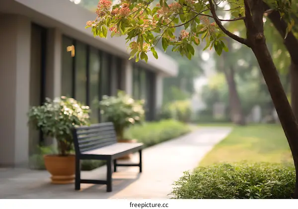 Modern Courtyard with Lush Greenery and Seating