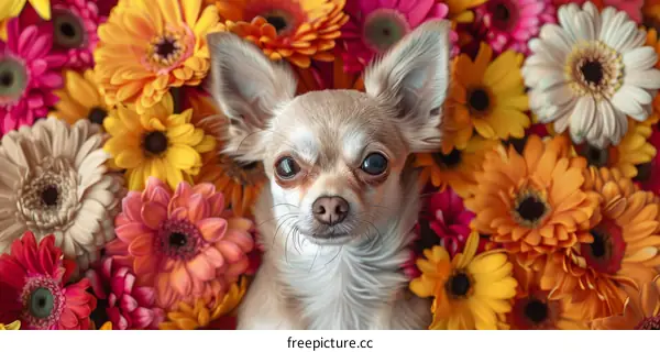 Adorable Little Chihuahua Dog Lying in a Bright Flower Bed