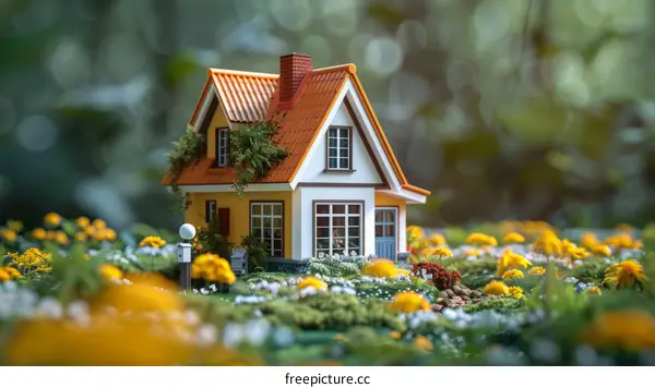 A miniature house in a field of flowers