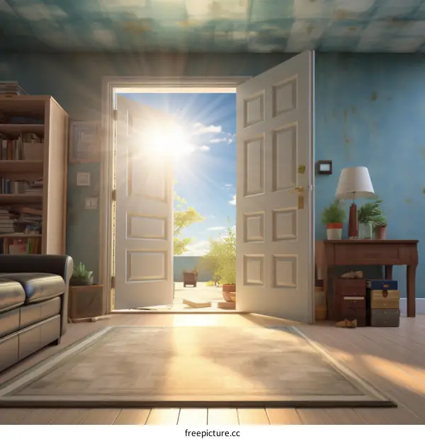 Bright open door in a room with bookshelves and a sofa