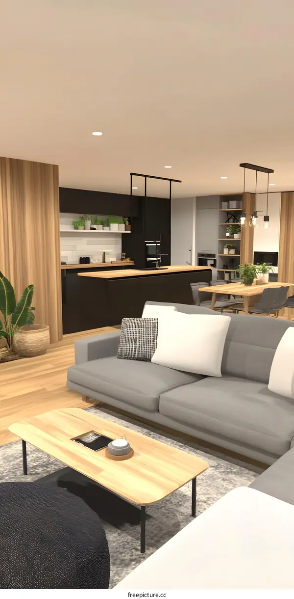 Modern Living Room Interior Design with Wooden Flooring and Grey Sofa