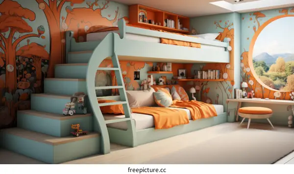 A bunk bed with a blue and orange theme