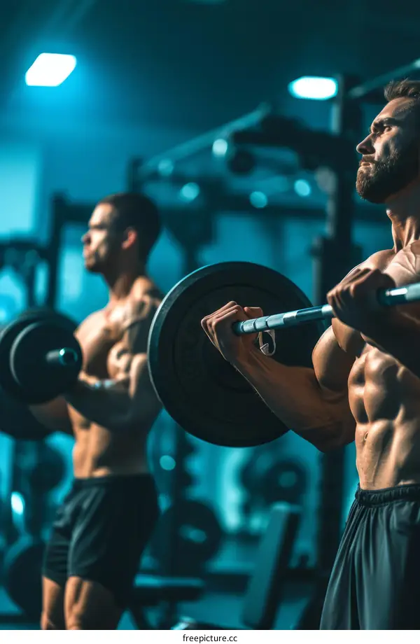 Two muscular men are lifting weights in a gym.