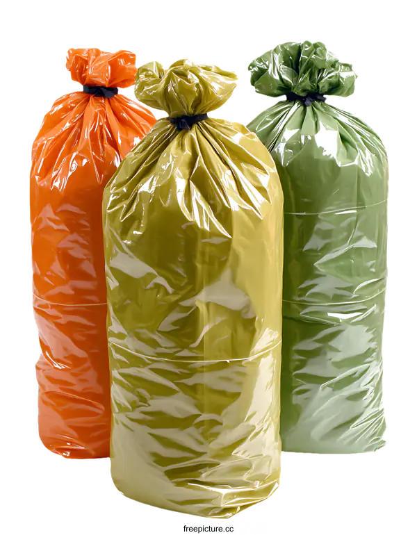 [Transparent Background PNG]Three Colored Plastic Trash Bags on White Background