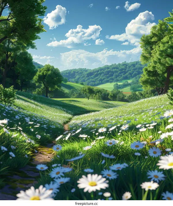 White Flowers Along a Winding Path in a Valley