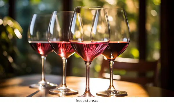 Four glasses of red wine on a wooden table with a blurred background