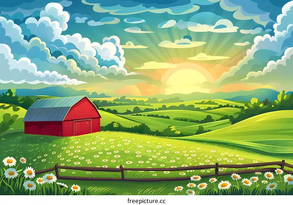 Sunrise Over Rural Landscape With Red Barn and Daisies