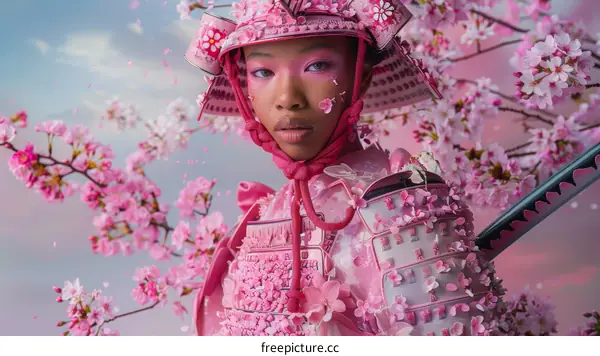 A Young Woman in Pink Samurai Armor Surrounded by Cherry Blossoms